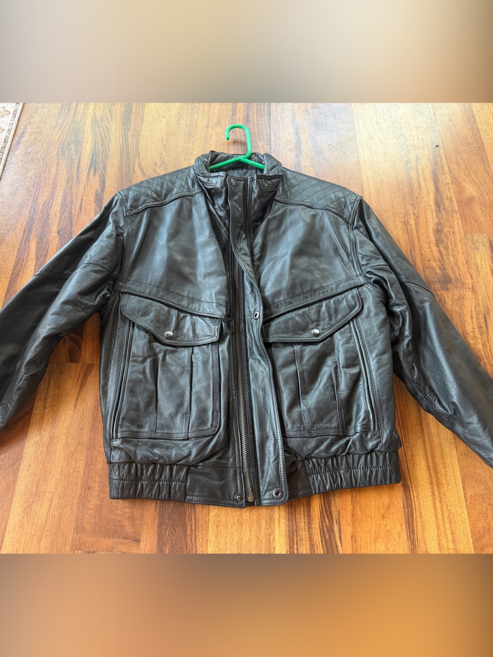 City Streets Black Leather Bomber Jacket with Patch Pockets